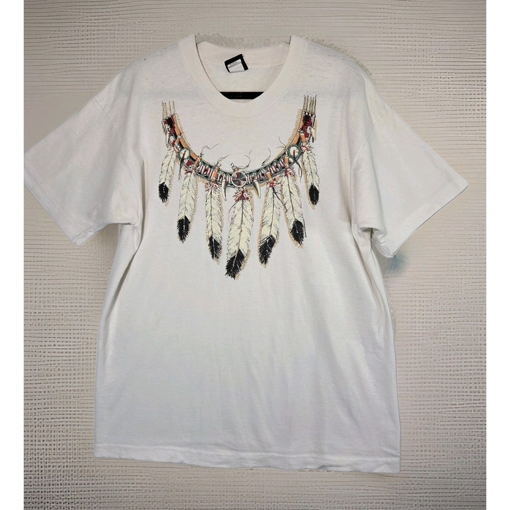 90s Diamond Dust Tribal T-Shirt XL Off White Vtg Southwestern Feather Graphic